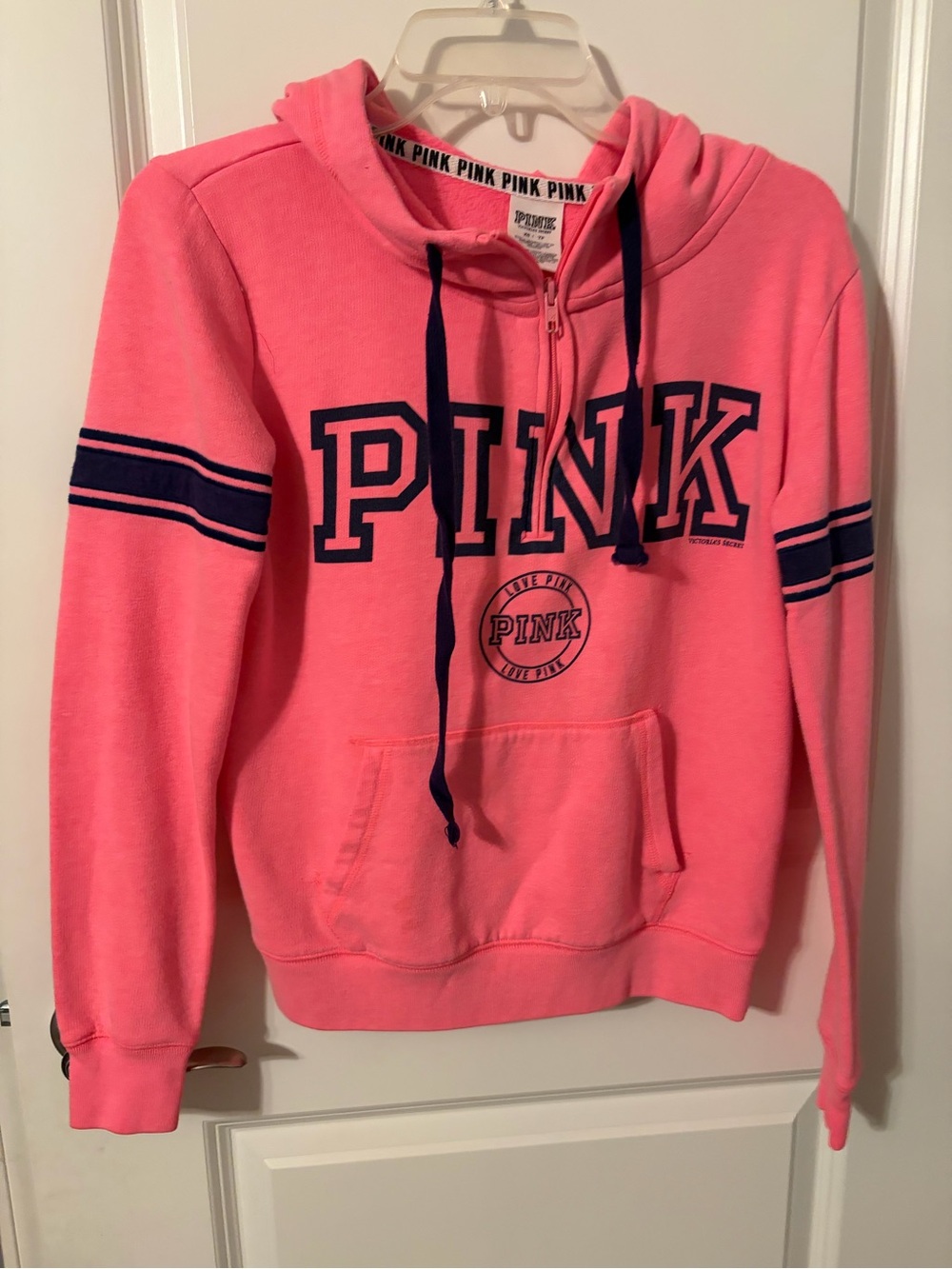 PINK Victoria's Secret Neon Pink Logo Hoodie with Navy Trim